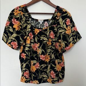 Kensie Linen Blend Tropical Floral Short Sleeve Blouse Black Multi Size S NWT